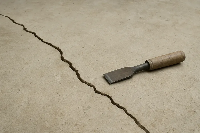 A distinct crack running across a concrete floor with a masonry chisel lying beside it — cracked slabs on Darling Downs clay, Toowoomba. Illustrative example.