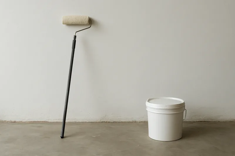 A paint roller on an extension pole leaning against a wall beside a closed bucket on a bare garage slab — floor coating contracts and guarantees, Toowoomba. Illustrative example.