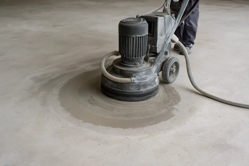 A floor grinder with a water feed on a slab, a damp ring around the head — grinding dust and slurry, Toowoomba. Illustrative example.