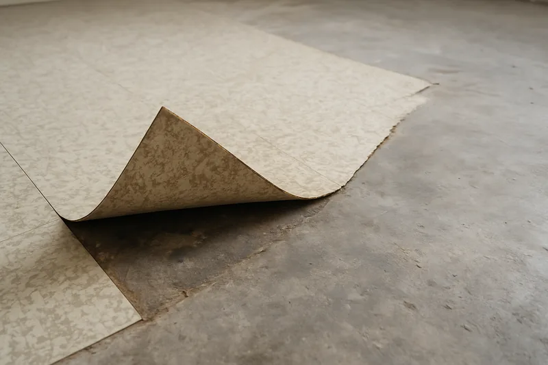 A corner of old vinyl sheet flooring lifting from a concrete floor — lifting old vinyl floors, Toowoomba. Illustrative example.