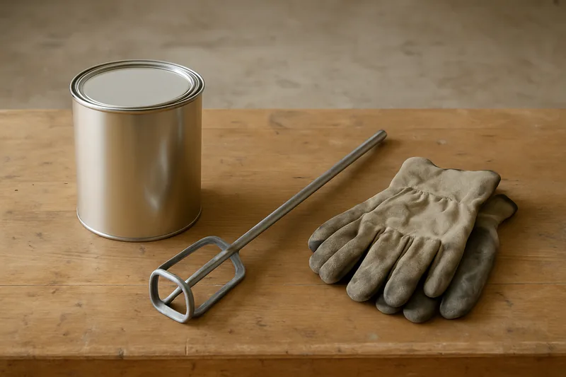 A closed tin, a mixing paddle and a pair of work gloves on a workbench — the QBCC class that names epoxy floors, Toowoomba. Illustrative example.