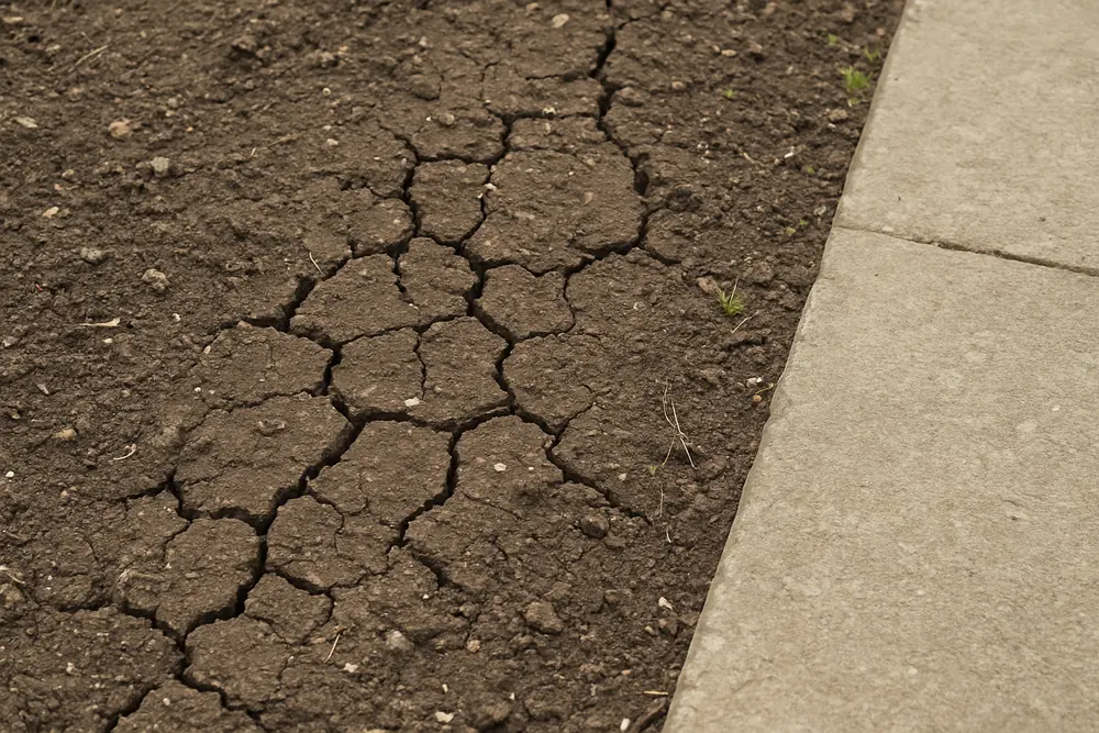 Dry dark soil cracked open in a garden bed beside a slab edge — cracked slabs on clay soil, Toowoomba. Illustrative example.