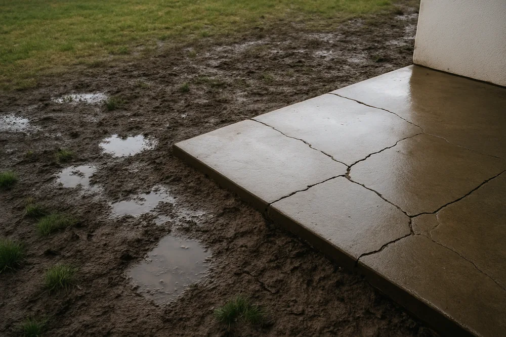 Dark wet soil beside a house slab after summer rain with puddles in the lawn — cracked slabs on clay soil, Toowoomba. Illustrative example.