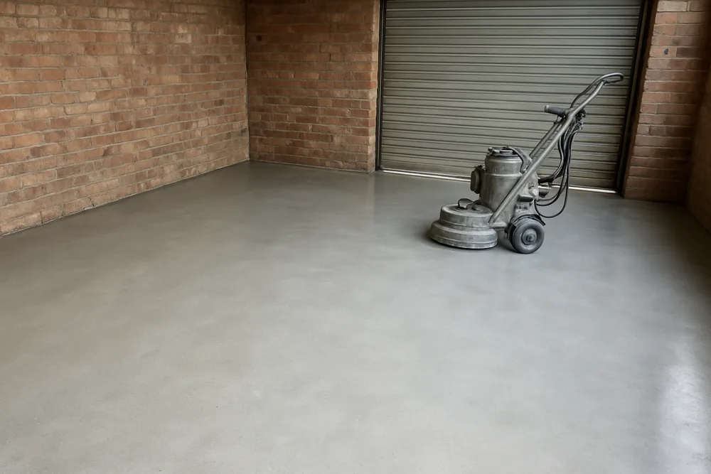 A bare concrete floor in an older brick ground-floor room with a floor grinder resting to one side — epoxy floors, Toowoomba. Illustrative example.