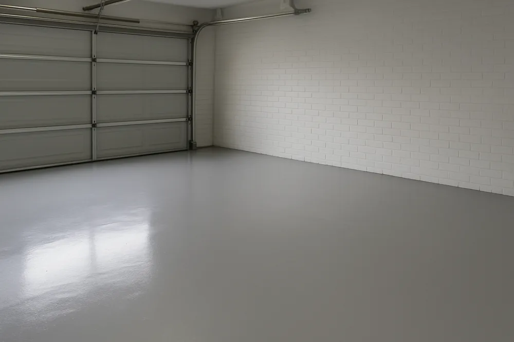 A smooth coated floor in a double garage with a painted brick wall — epoxy floors, Toowoomba. Illustrative example.