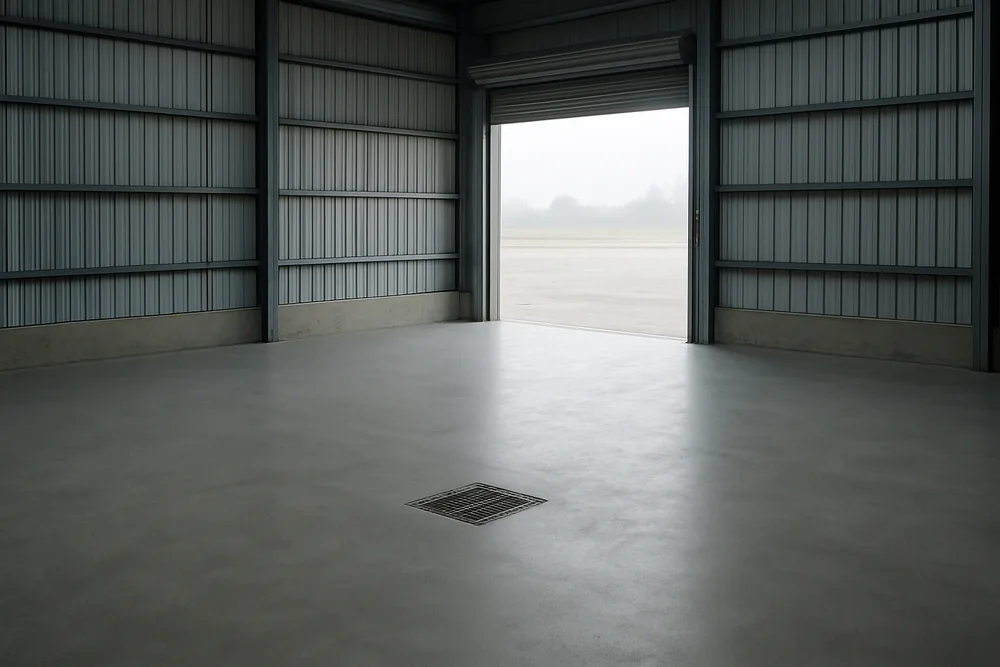 A bare concrete floor in a steel-framed workshop with an open roller door and a drain grate in the slab — epoxy floors, Toowoomba. Illustrative example.