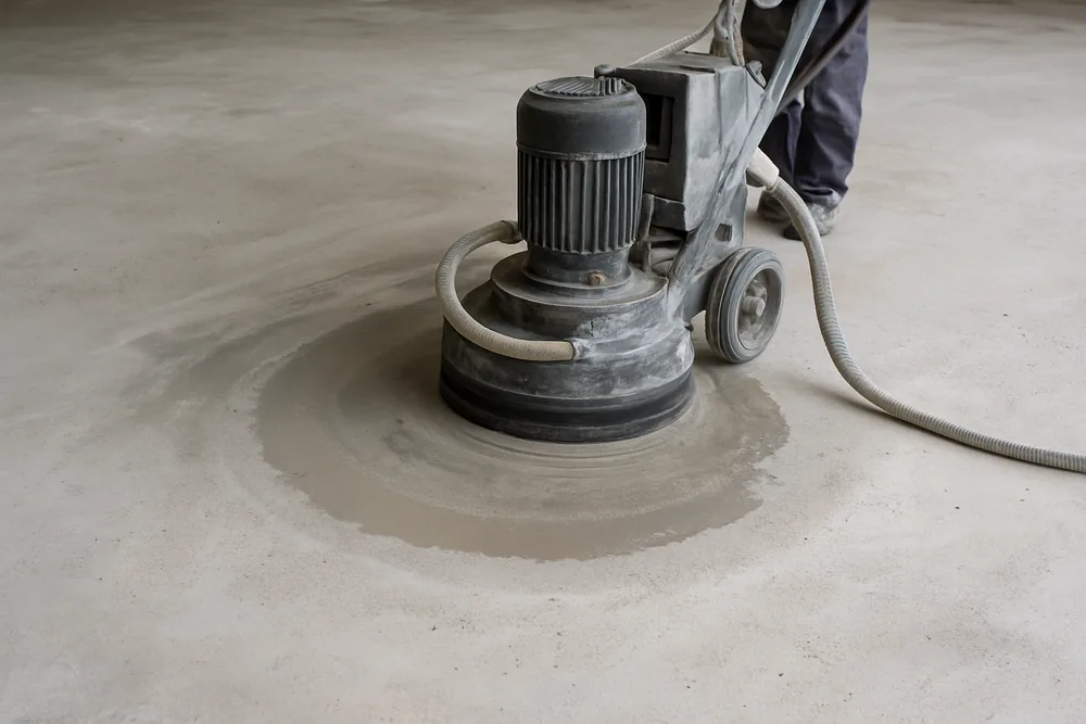 A floor grinder with a water feed on a slab, a damp ring around the head — grinding dust and slurry, Toowoomba. Illustrative example.