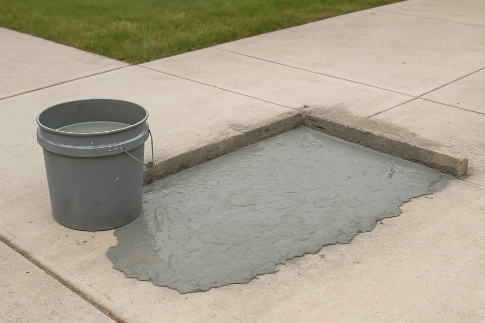 A bucket and a low bund collecting grey slurry on a driveway slab — grinding dust and slurry, Toowoomba. Illustrative example.