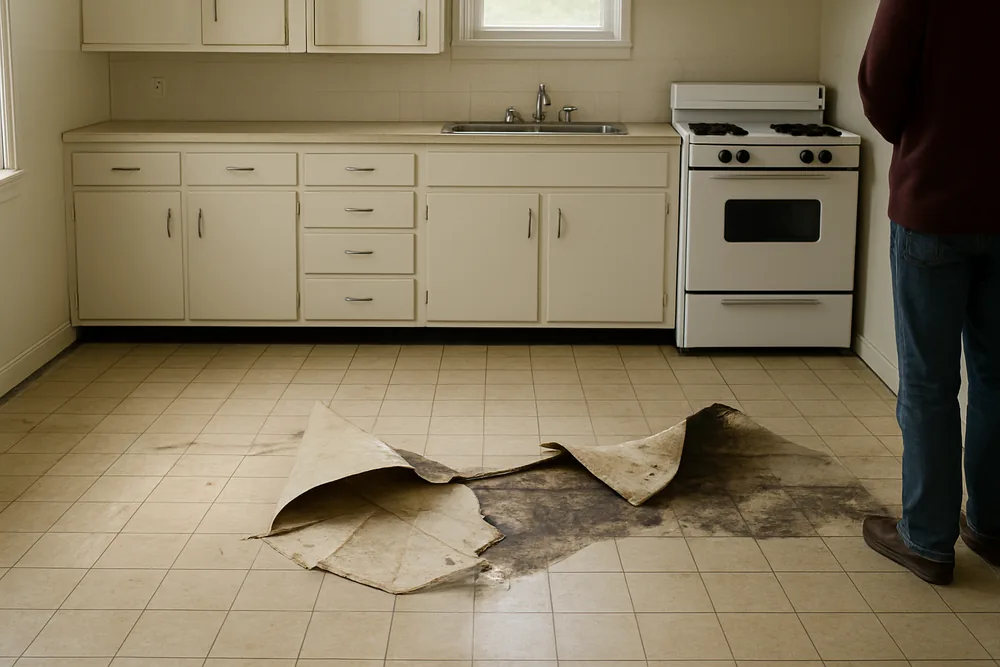 Square vinyl floor tiles in a plain older-style kitchen — lifting old vinyl floors, Toowoomba. Illustrative example.