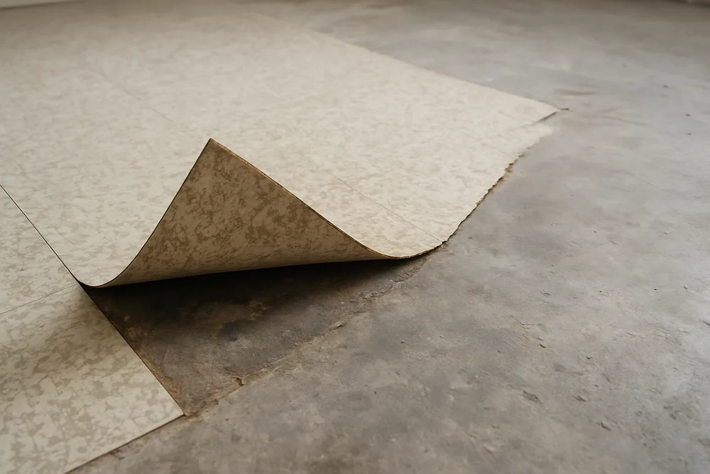 A corner of old vinyl sheet flooring lifting from a concrete floor — lifting old vinyl floors, Toowoomba. Illustrative example.