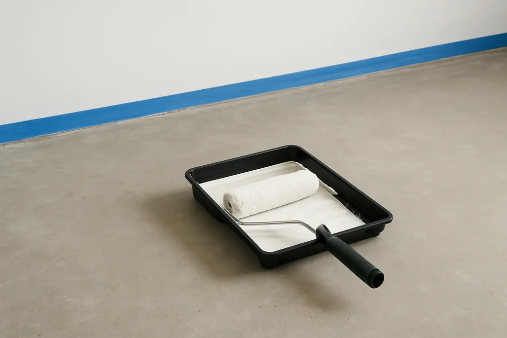 A paint roller and tray on a bare concrete slab with tape along the wall — the QBCC class that names epoxy floors, Toowoomba. Illustrative example.